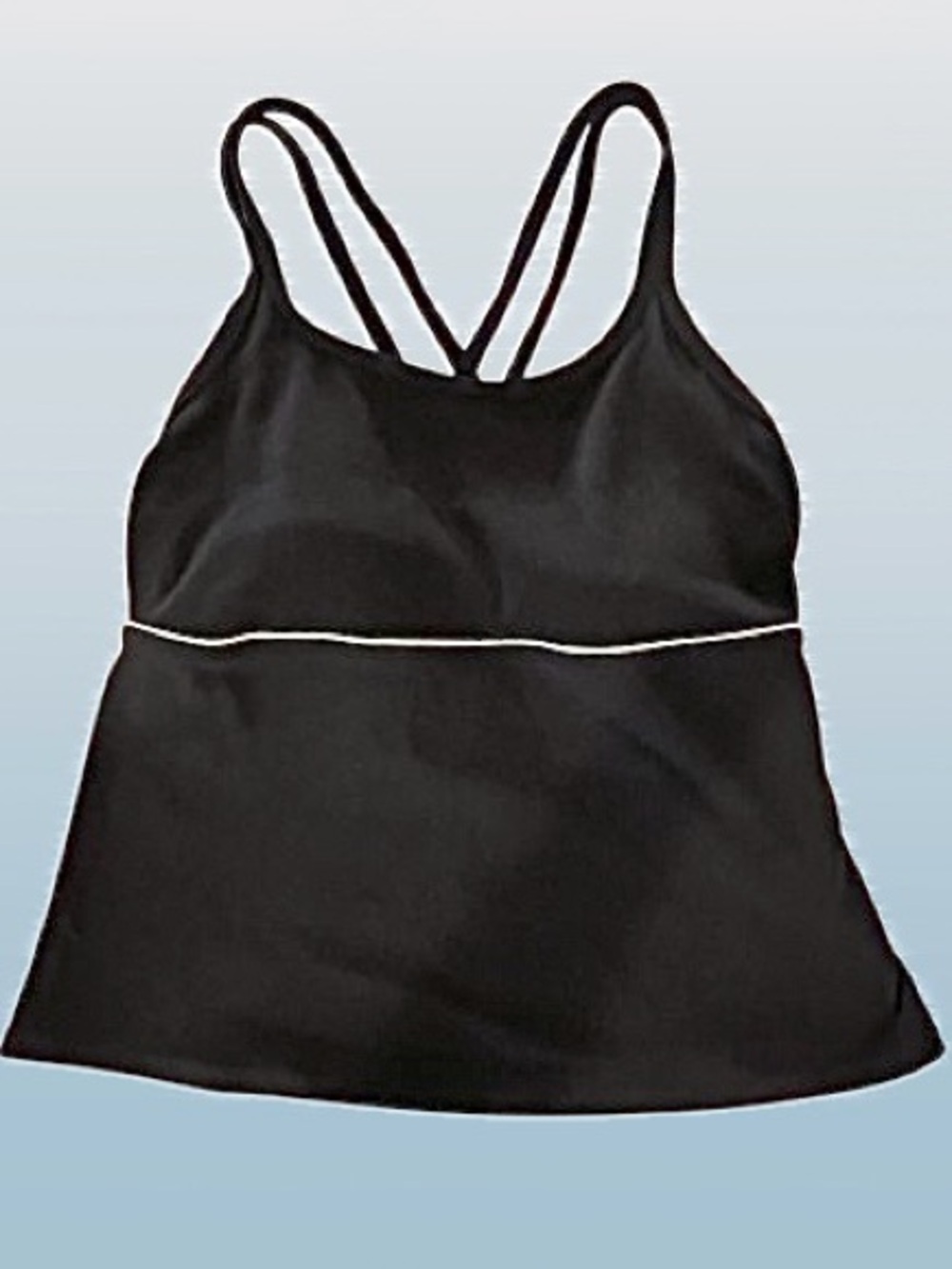Lands' End- Black Ribbed Tankini Top with White Stripe & Double Shoulder Straps